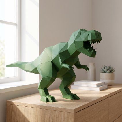 Papírový T-Rex PaperTime na stolku u okna