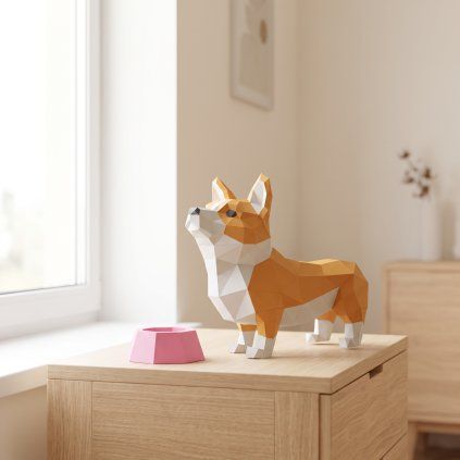 Papírový model psa corgi PaperTime na stolku u okna