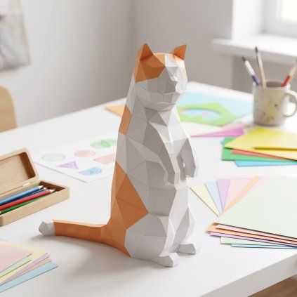 Sedící munchkin kočka – papírový 3D model PaperTime